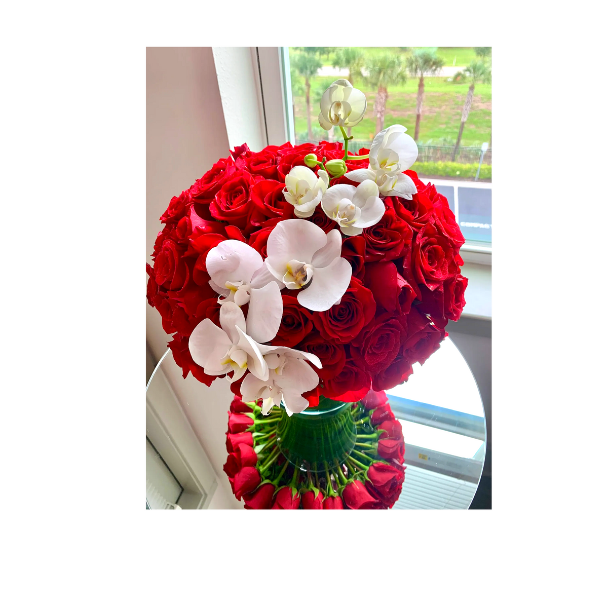 Red Roses with white Orchid