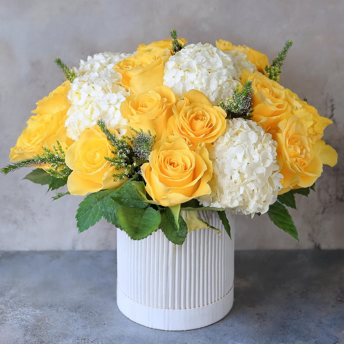 Yellow Roses with white Hydrangeas - Local Delivery Only